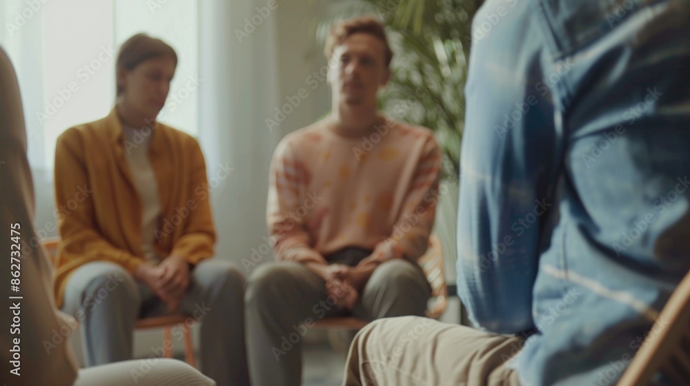A group of people sitting in chairs and talking to each other. Scene is one of support and comfort A group of people sitting in chairs and talking to each other. Scene is one of support and comfort