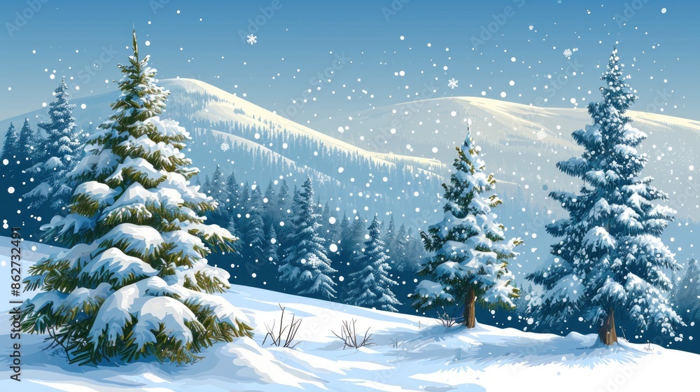 Fototapeta premium A snowy mountain landscape with three pine trees covered in snow. The scene is peaceful and serene, with the snow covering the ground and trees, creating a beautiful winter wonderland