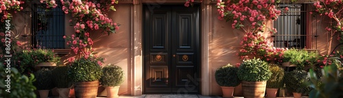 Black door with pink flowers, charming entryway, elegant home © Creative_Bringer