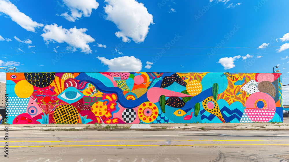 Naklejka premium Vibrant Urban Mural on a Sunny Day. A large, colorful mural adorns a city wall under a bright blue sky with fluffy clouds, showcasing modern street art and vibrant creativity.