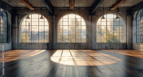 Sunlight Streaming Through Large Arched Windows in Industrial Loft
