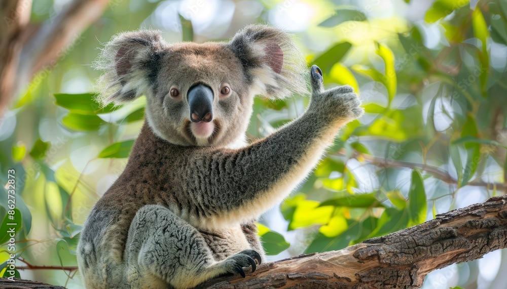 Fototapeta premium Close-Up Portrait of a Cheerful Koala with a Friendly Gesture in Lush Greenery