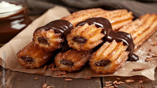 Delicious chocolate dipped churros on wooden background