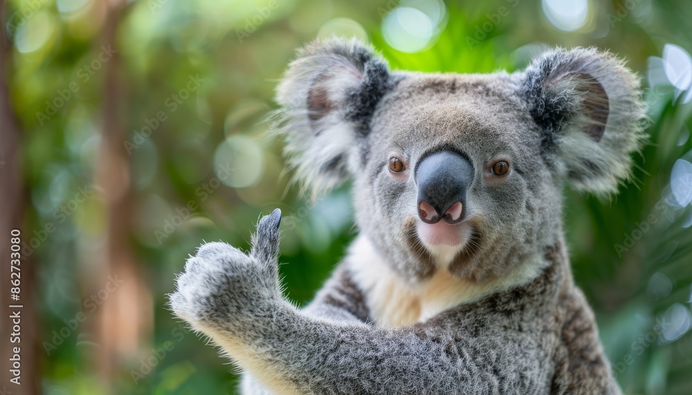 Close-Up Portrait of a Cheerful Koala with a Friendly Gesture in Lush Greenery Close-Up Portrait of a Cheerful Koala with a Friendly Gesture in Lush Greenery