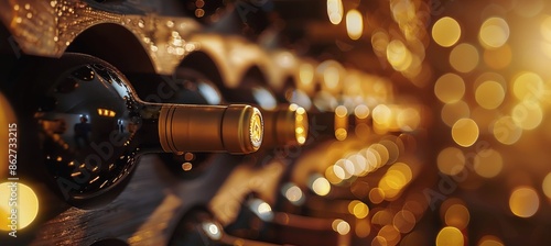 Wine Bottles in a Dark Cellar With Bokeh Lights