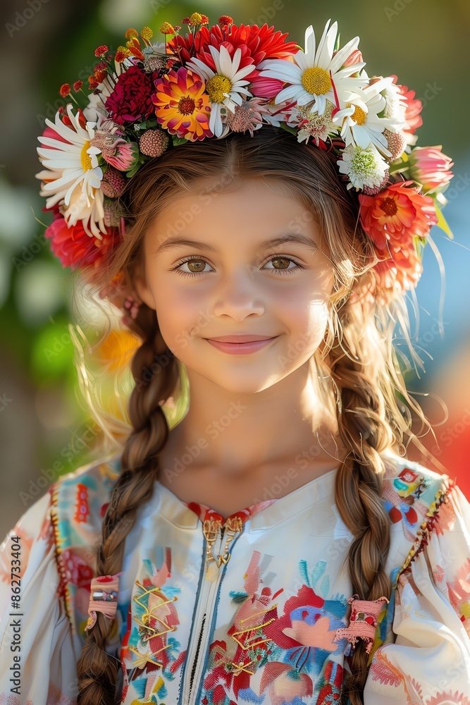Young girl in traditional attire with a flower crown, smiling, soft bokeh background Young girl in traditional attire with a flower crown, smiling, soft bokeh background