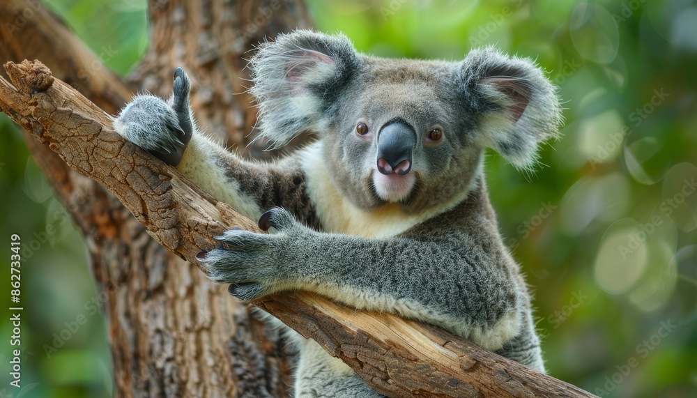 Fototapeta premium Cute and Friendly Koala Making a Thumbs Up Gesture in the Forest
