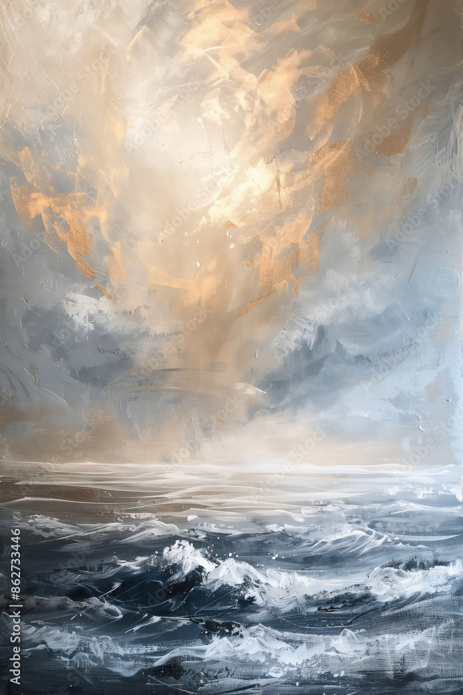 Naklejka premium Canvas poster: sea and sky in gray-golden and blue tones in wallpaper style