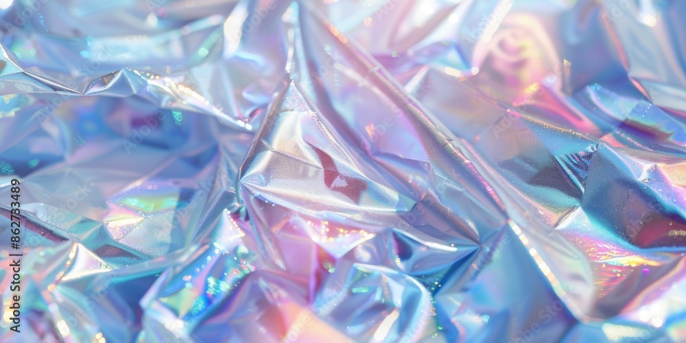 A piece of shiny, iridescent fabric with a rainbow pattern. The fabric is reflective and has a metallic sheen A piece of shiny, iridescent fabric with a rainbow pattern. The fabric is reflective and has a metallic sheen