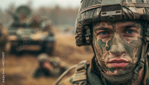Detailed Portrait of a Modern Soldier with Camouflage Face Paint in Military Gear