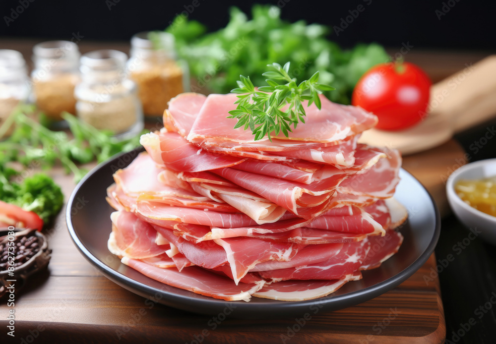 Parma ham on the kitchen table surrounded by herbs and spices Parma ham on the kitchen table surrounded by herbs and spices