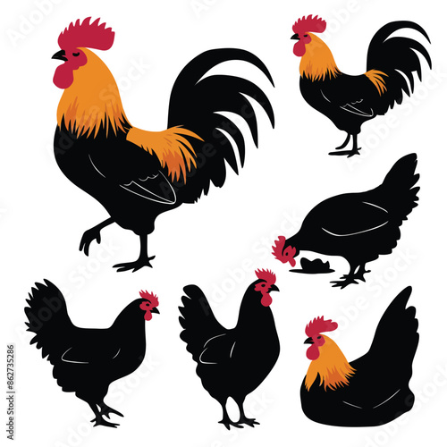 Rooster Chicken Silhouette Vector, Hen Silhouette Clip Art In Different Poses
