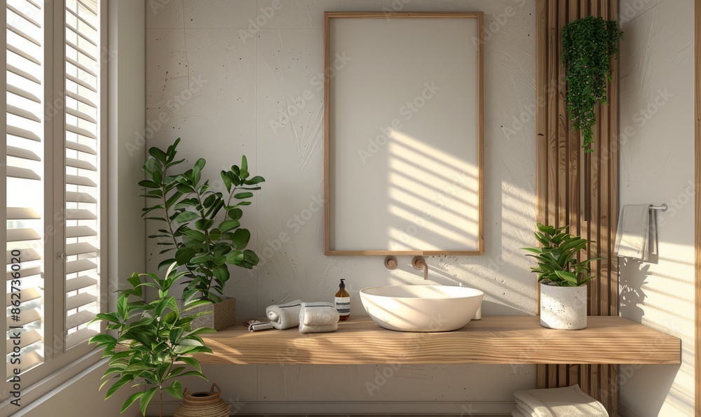 Fototapeta premium Serene bathroom with an empty frame above the sink