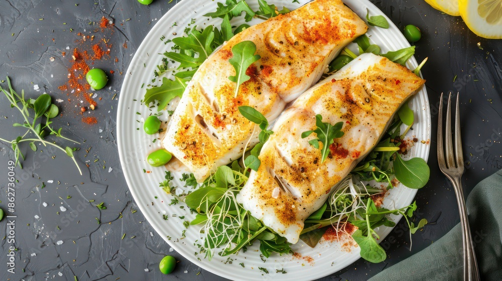 Top view of baked white fish slices served on a white plate with spices accompanied by a green salad and pea sprouts. Generative AI Top view of baked white fish slices served on a white plate with spices accompanied by a green salad and pea sprouts. Generative AI