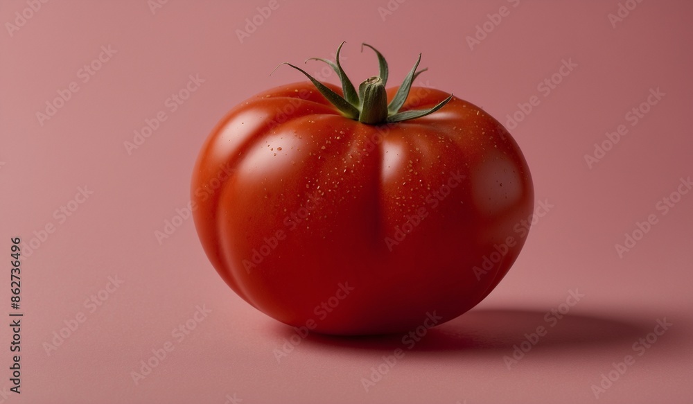 Single fresh tomato with green stem on pink background Single fresh tomato with green stem on pink background