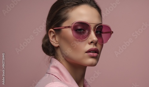 Woman in pink sunglasses posing against pink background. © Heruvim