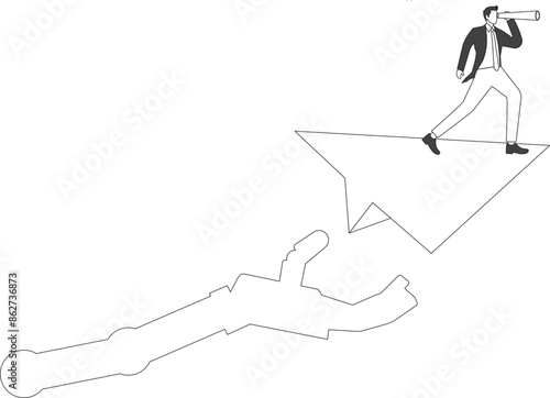 Businessman Standing on Rocketing Paper Plane