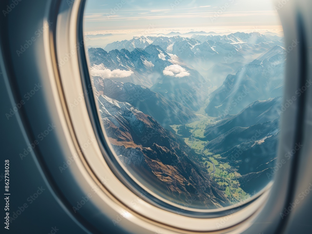 Fototapeta premium Airplane Window View of Mountain Range with Snow Peaks and Valley Below