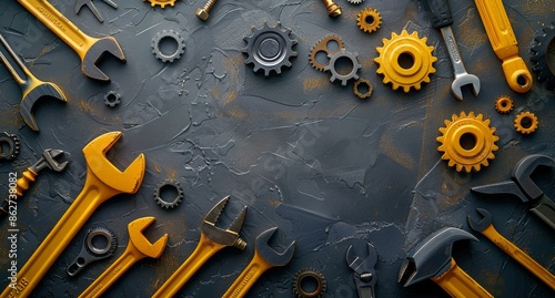 Assortment of Yellow Tools on Black Background