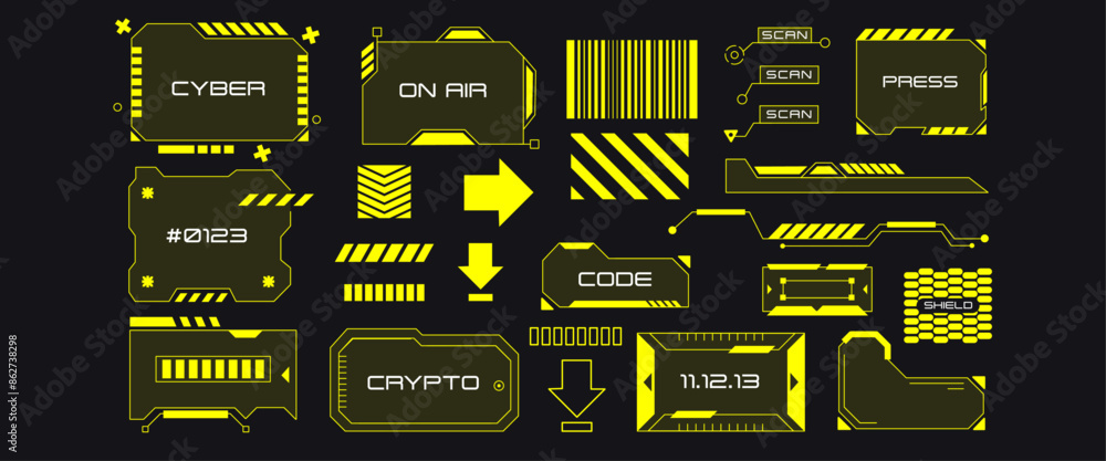 Naklejka premium Sci-fi futuristic hud elements in cyberpunk style. Collection of virtual reality displays, process bars and computer user interface windows. 