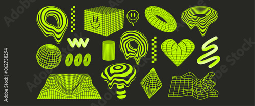Collection of 18 trendy y2k neon green shape elements: cyberpunk wireframes and grids, abstract background, 3d elements, trendy patterns in psychedelic acid rave style. 