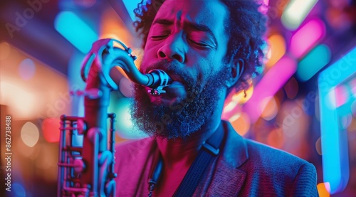 Saxophone Player Performing Under Colorful Stage Lights