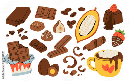 Cocoa and chocolate world day cartoon set. Sweet candies and chocolate bar, egg, cocoa pod with beans, strawberry in chocolate, fondant with raspberry on top, mug with hot chocolate and marshmallows.
