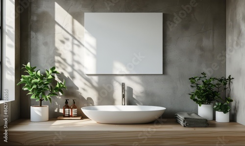 Modern bathroom with a blank canvas above the sink