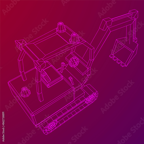 Heavy equipment excavator machine manufacturing power equipment for open pit mining. Wireframe low poly mesh vector illustration