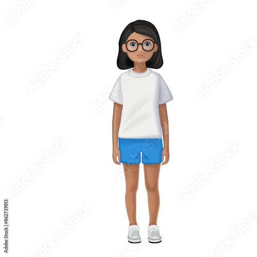 girl in shorts schoolgirl teenager with glasses 3D. Icons 3d realistic render vector object. 3d, kid, school, girl, nerd, schoolgirl, background, child, student, glasses