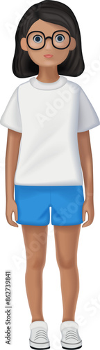 girl in shorts schoolgirl teenager with glasses 3D. Icons 3d realistic render vector object. 3d, kid, school, girl, nerd, schoolgirl, background, child, student, glasses