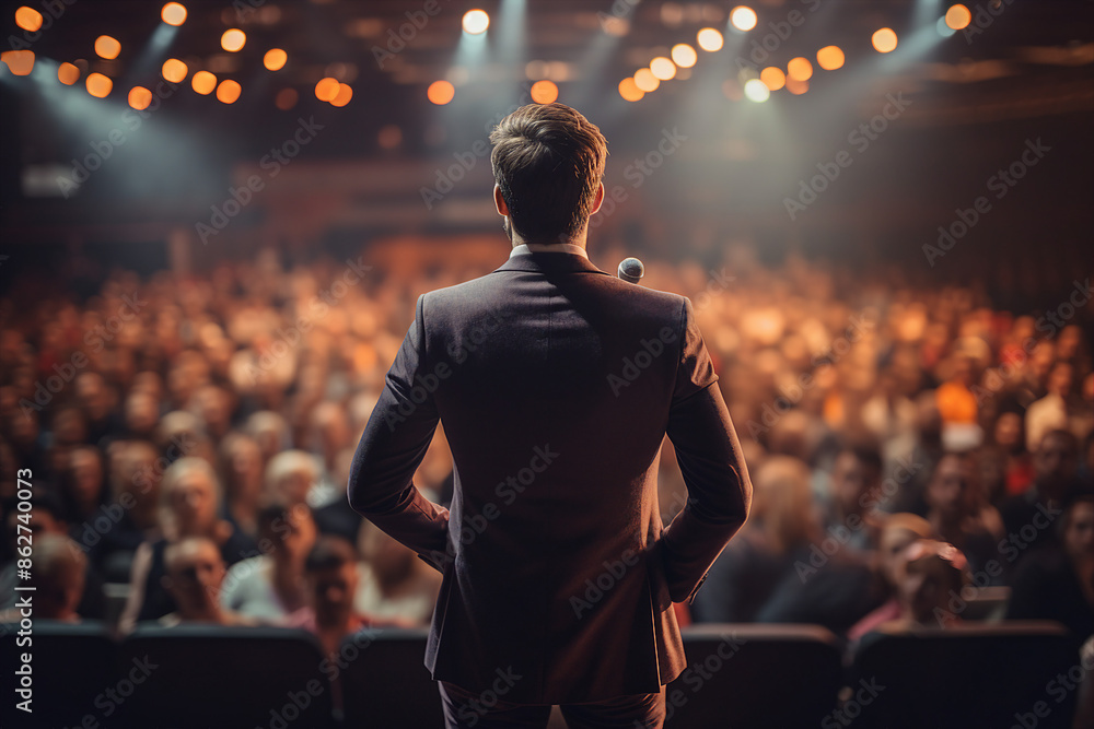 Generative AI illustration motivational speaker with microphone in hand in front of audience at conference room Generative AI illustration motivational speaker with microphone in hand in front of audience at conference room