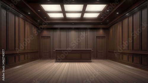 Elegant wooden interior of a courtroom with a wooden bench and paneling, illuminated by soft ceiling lights. photo