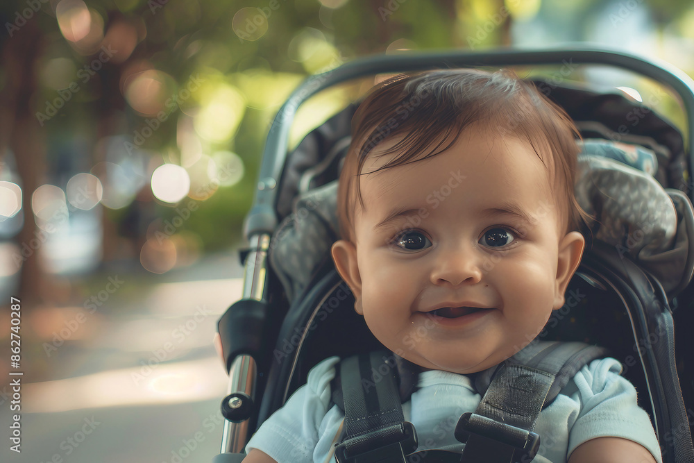 Beautiful lovely baby in carriage or carseat spending family time traveling or promenading, Generative AI