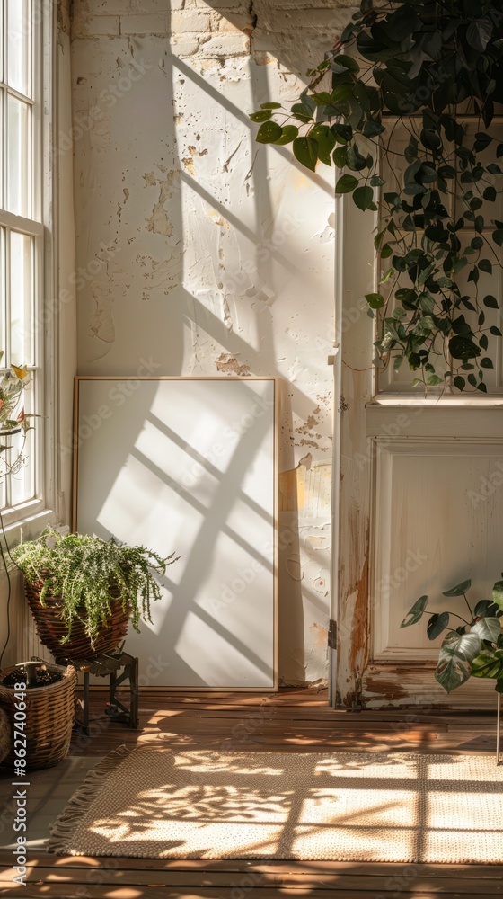 Serene sunroom with a blank canvas leaning against the wall Serene sunroom with a blank canvas leaning against the wall