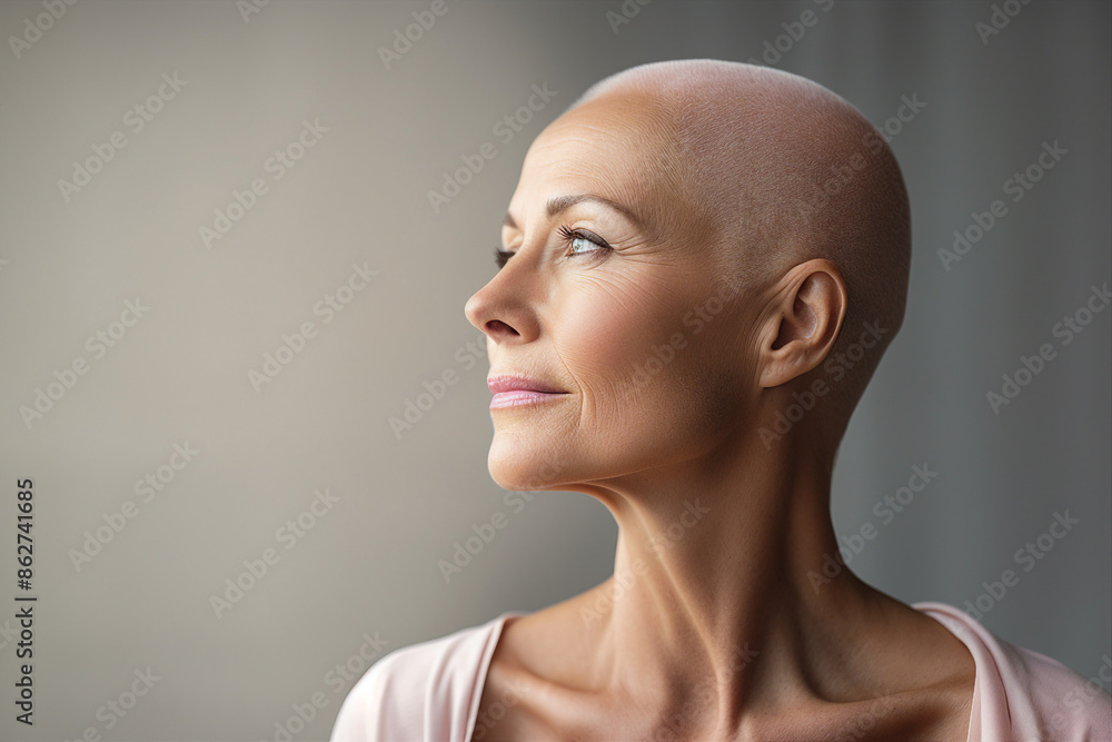 Cancer awareness conceptual Generative AI illustration with bald hairless person after chemo treatment Cancer awareness conceptual Generative AI illustration with bald hairless person after chemo treatment