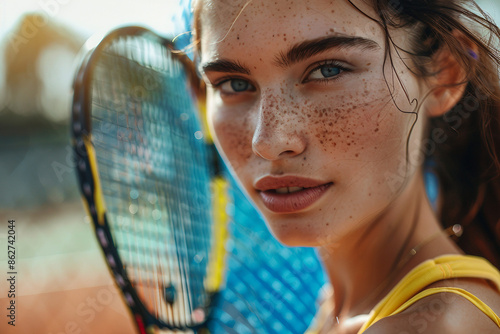 Closeup Generative AI portrait of focused sportsman sportswoman at tennis court practicing preparing for contest