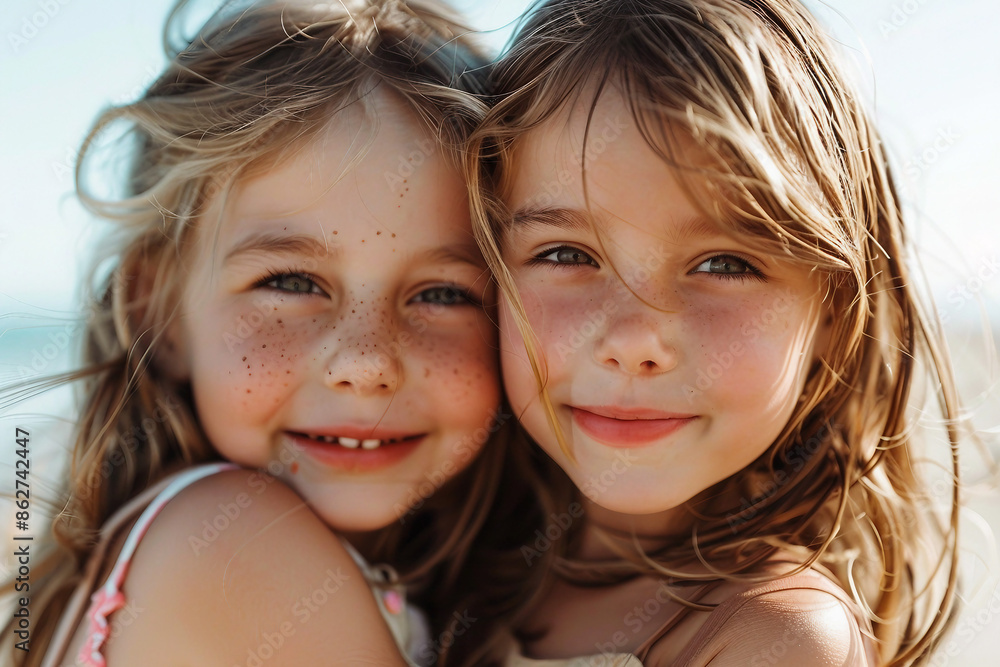 Funny children kids playing at the beach seaside poolside aquapark summer leisure weekend time, Generative AI