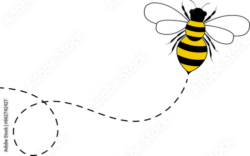 Bee flying path. A bee flying in a dotted line. The flight path of bee. Bee flying on a dotted route. Hand drawn bees. Vector illustration.