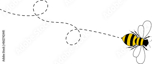 Bee flying path. A bee flying in a dotted line. The flight path of bee. Bee flying on a dotted route. Hand drawn bees. Vector illustration.
