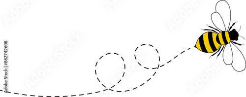 Bee flying path. A bee flying in a dotted line. The flight path of bee. Bee flying on a dotted route. Hand drawn bees. Vector illustration.