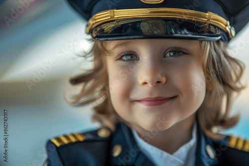 AI generated picture of cute charming kid wear airplane captain suit pilot career © Tetiana