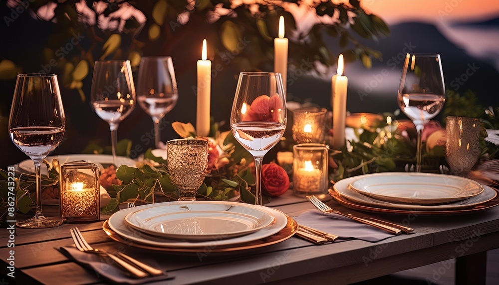 Fototapeta premium Romantic dinner setup with candles and wine glasses.