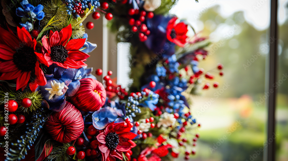A close-up of a beautifully crafted, patriotic-themed wreath, perfect for decorating your front door on Independence Day. A close-up of a beautifully crafted, patriotic-themed wreath, perfect for decorating your front door on Independence Day.