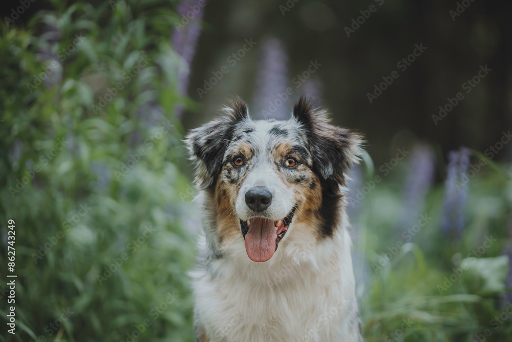 Close-up portrait of a funny female marbled australian shepherd among blooming apple orchards against the backdrop of the setting sun Close-up portrait of a funny female marbled australian shepherd among blooming apple orchards against the backdrop of the setting sun