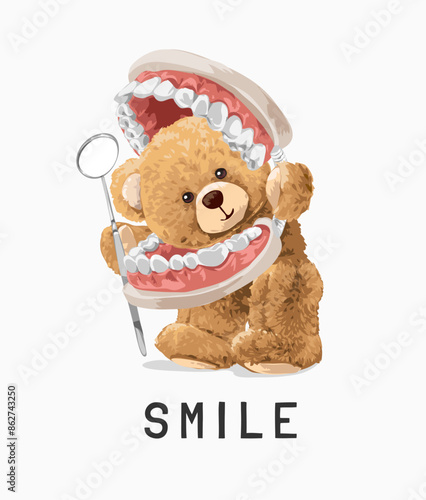 smile slogan with cute bear doll in mouth model hand drawn vector illustration