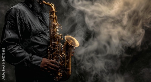 Musician Playing Saxophone in Smoky Atmosphere
