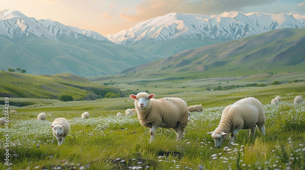 Fototapeta premium On the vast green grassland, the grassland is flat and open, a few fat lambs are grazing, the pale pink sky on the hillside in the distance, the unmelted snow-capped mountains. Generative AI.
