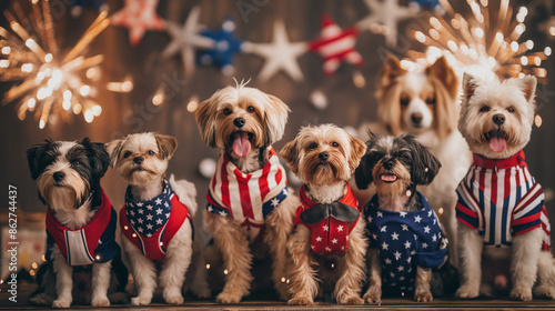 A group of dogs in various American flag outfits, posing together for a festive 4th of July photo, with a backdrop of fireworks and patriotic decorations. Pet fashion and national