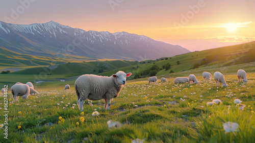On the vast green grassland, the grassland is flat and open, a few fat lambs are grazing, the pale pink sky on the hillside in the distance, the unmelted snow-capped mountains. Generative AI. photo